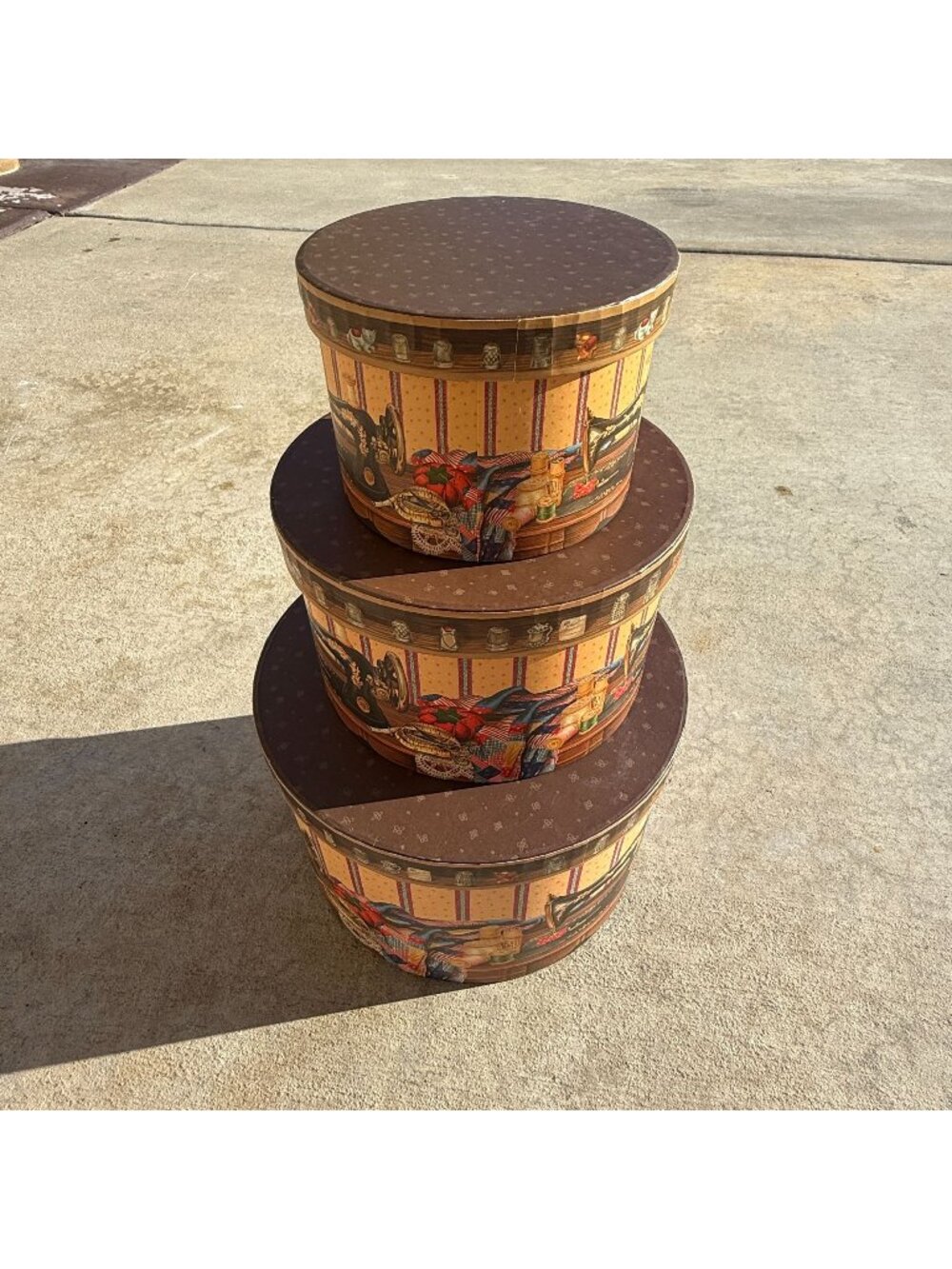 A Stitch In Time Sewing Themed Stacking Nesting Boxes w/ Storage Trays Set of 3